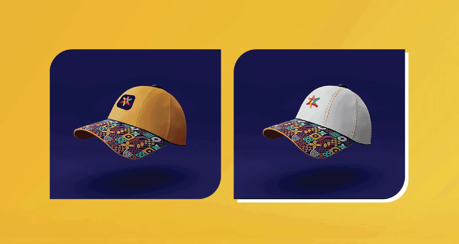 Two caps, mustard and white, with the star badge on the crown and the pattern printed on the brim