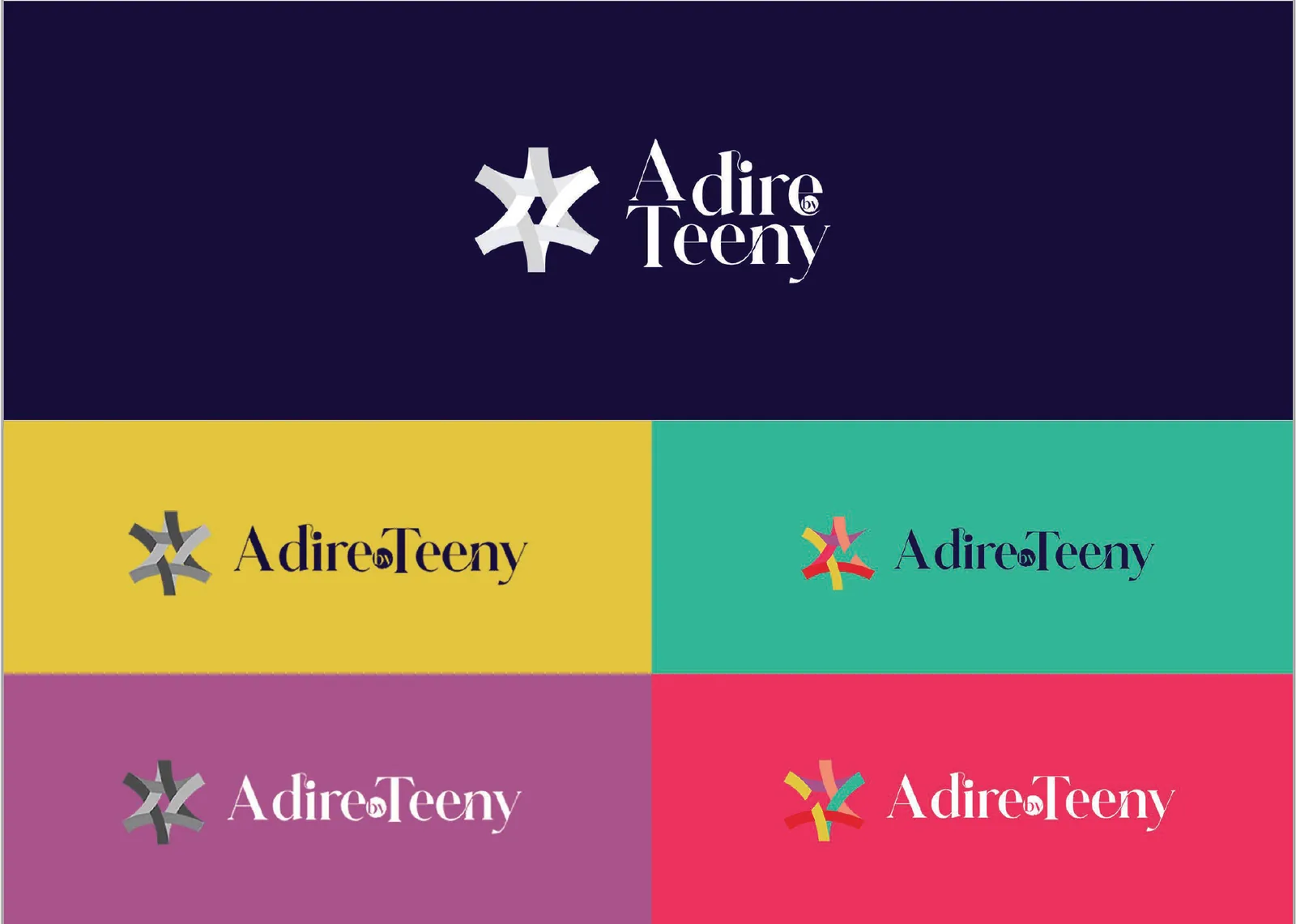 Adire by Teeny logo: a woven star icon and serif wordmark on deep indigo, mustard, teal, plum and red