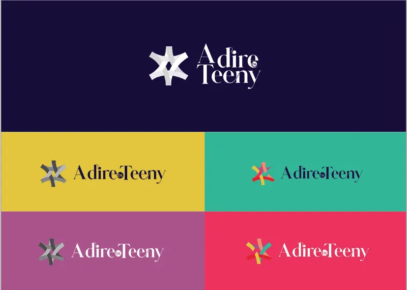 Adire by Teeny logo: a woven star icon and serif wordmark on deep indigo, mustard, teal, plum and red