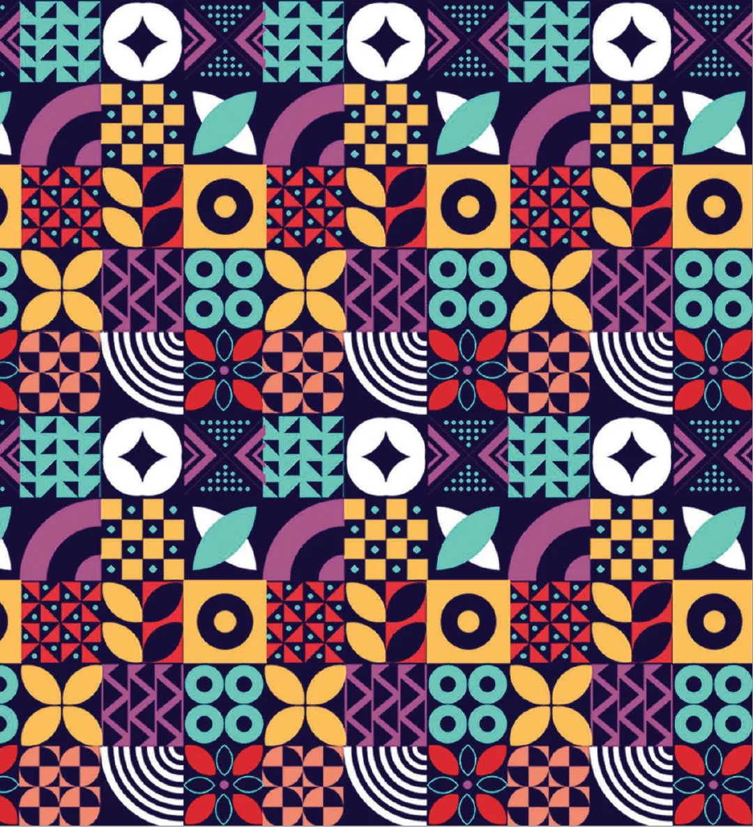 Adire-inspired pattern: geometric tiles of flowers, stars, arcs and circles in red, teal, mustard and plum