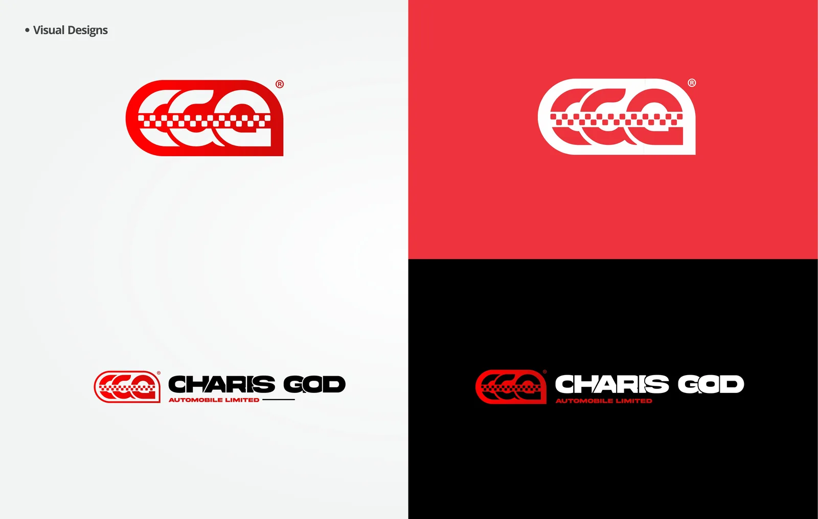 Logo system: CGA monogram in red and white, plus the CHARIS GOD wordmark lock-up on white and black