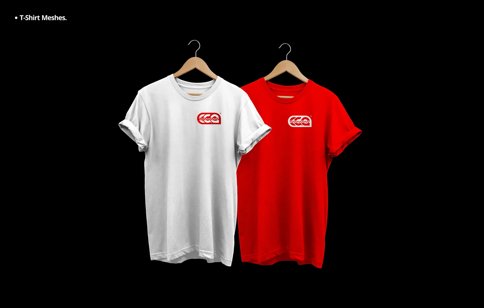 White and red T-shirts on hangers against black, each with the CGA monogram on the chest
