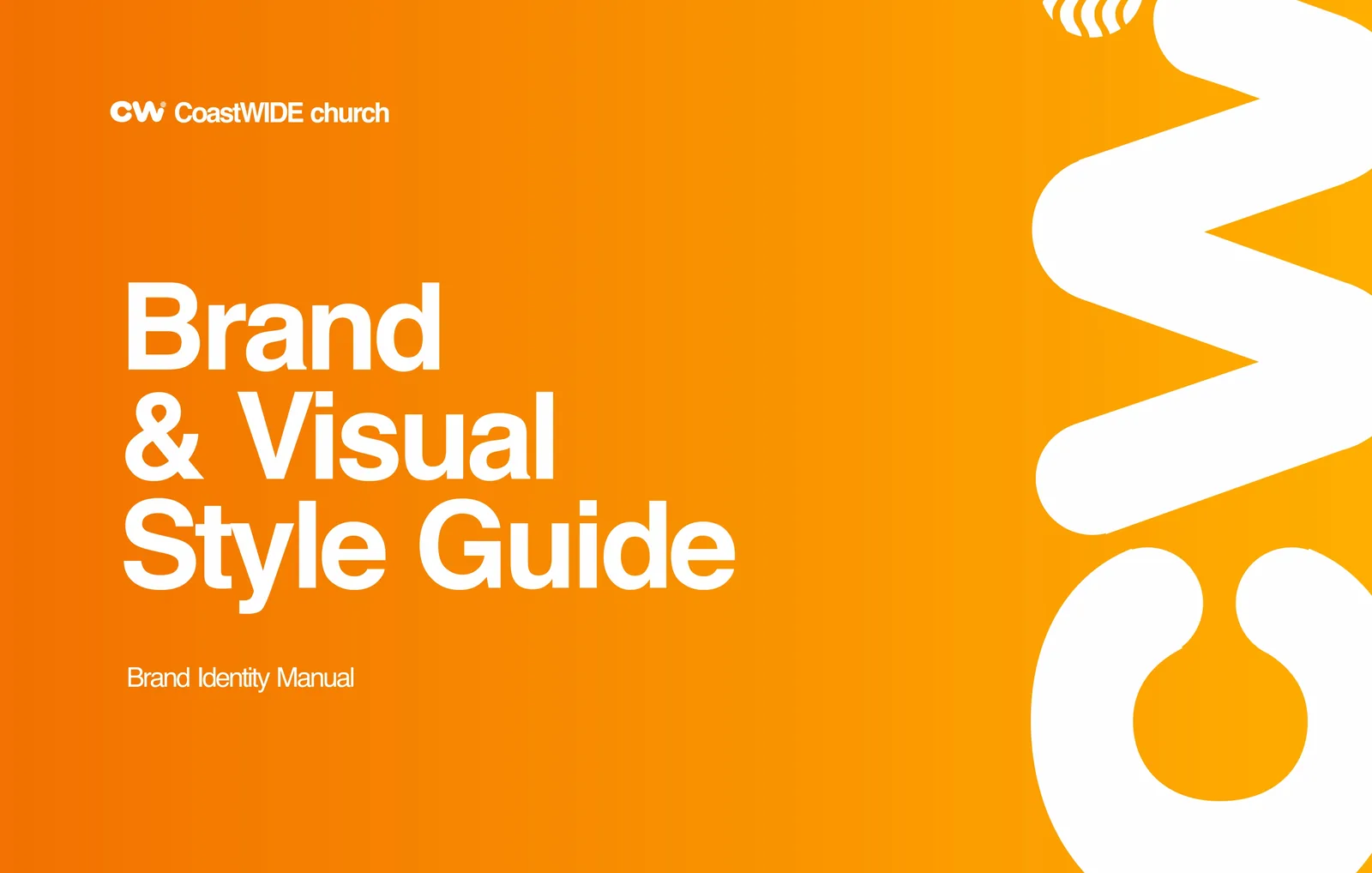 2022 CoastWIDE brand guide cover in orange, with the CW monogram cropped large down the right side