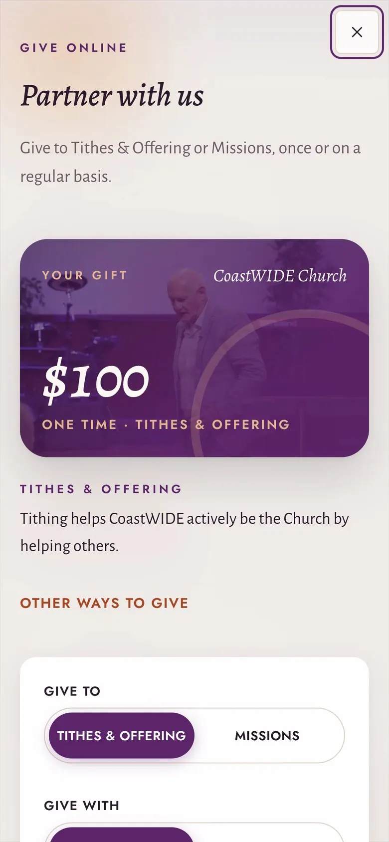 Phone view of online giving: a $100 one-time gift card for Tithes and Offering, with a fund switch below