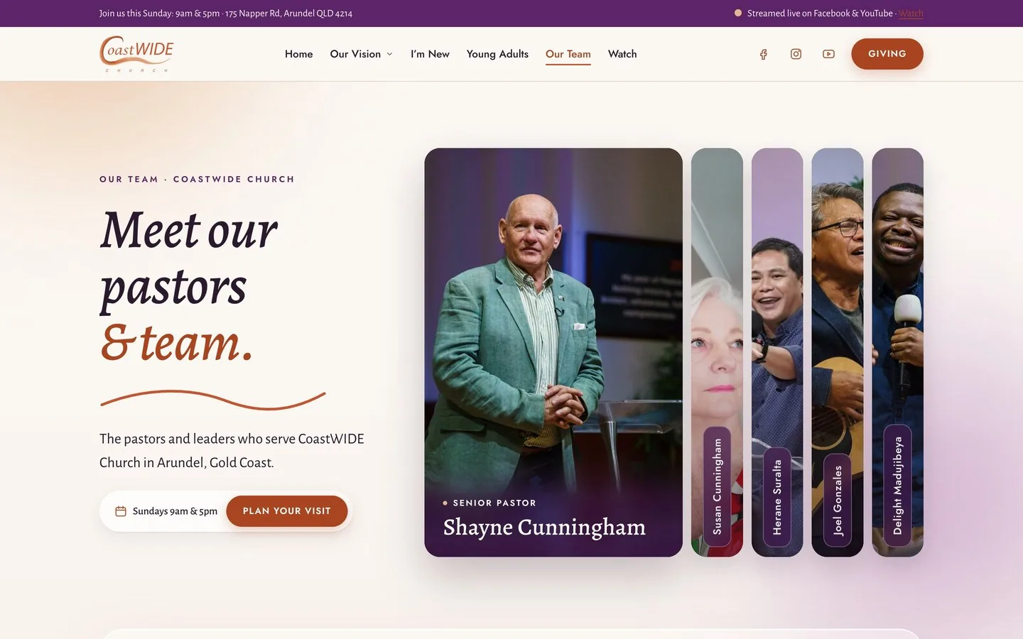 Meet our pastors and team page, with an expanding photo panel for each leader