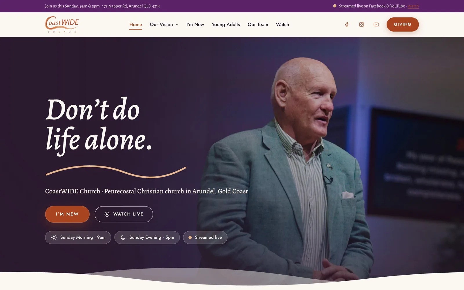 CoastWIDE home page: 'Don't do life alone.' over the senior pastor, with service-time chips and two buttons