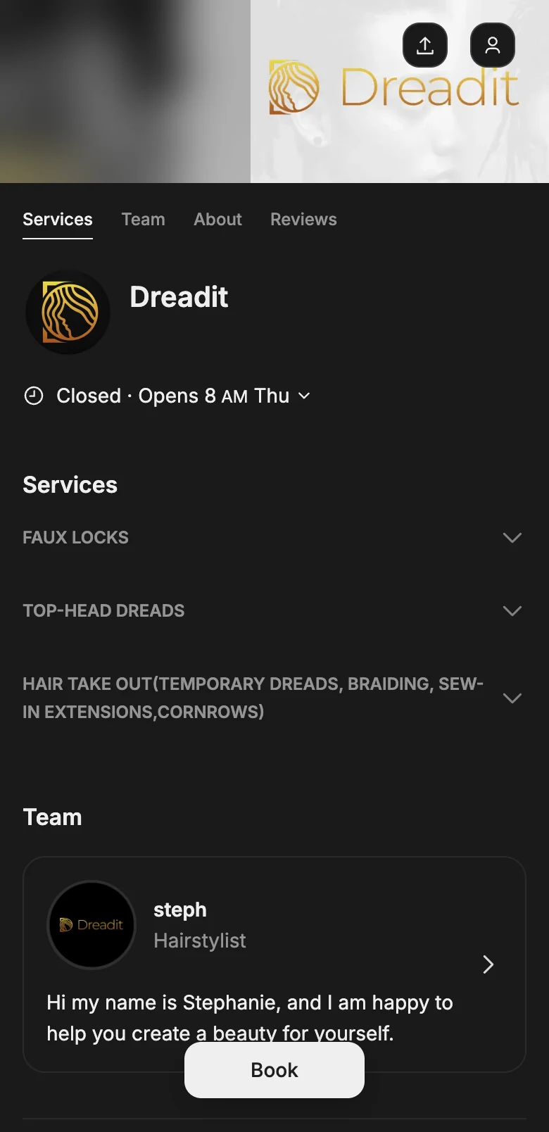 Dreadit's booking page on a phone: the gold D-and-hair logo, opening hours and the three service groups