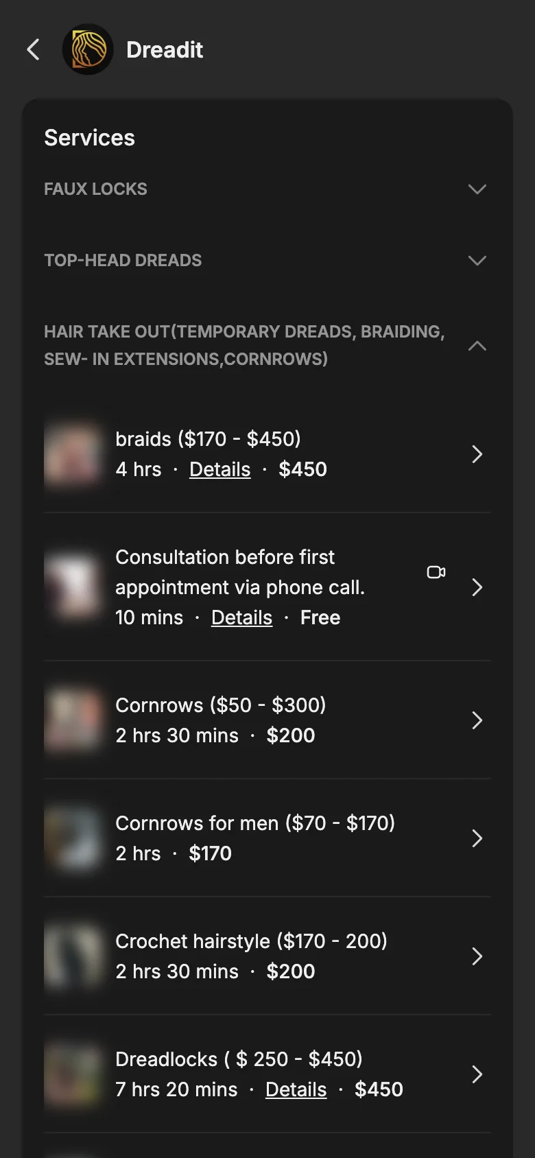 Choosing a service on the Dreadit booking page: braids, cornrows, crochet and dreadlocks, each with its time and price