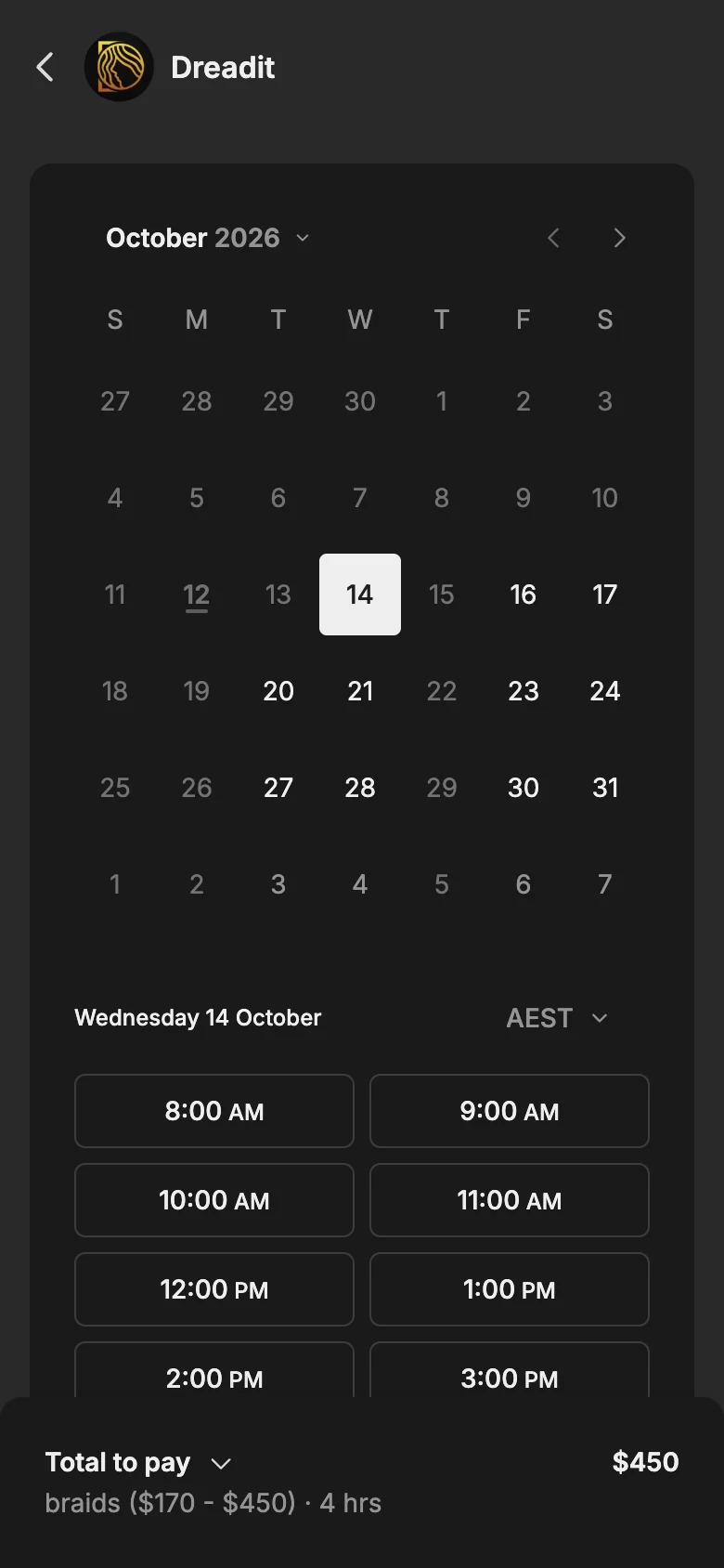 Picking a time on the Dreadit booking page: an October calendar with the open days and the hourly slots