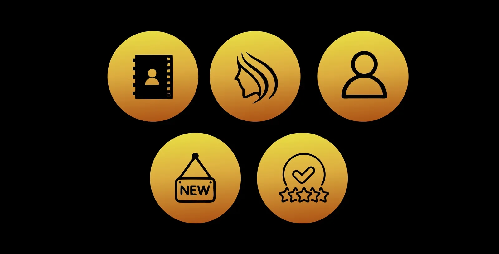 Five gold-gradient brand icons: booking book, hair profile, client, a 'New' sign and a five-star review
