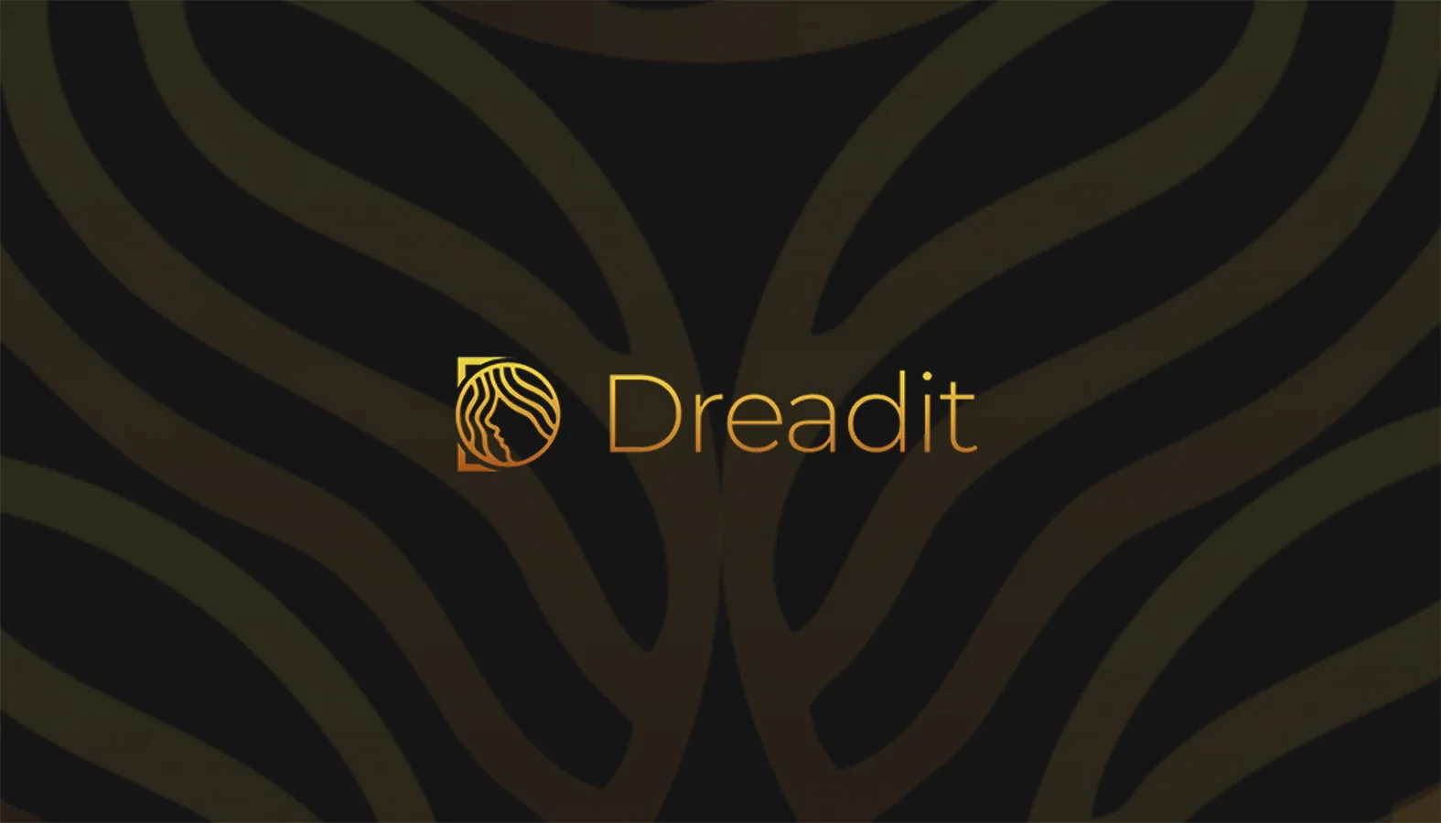 Business card front: the gold Dreadit logo over a large hair-wave pattern on black