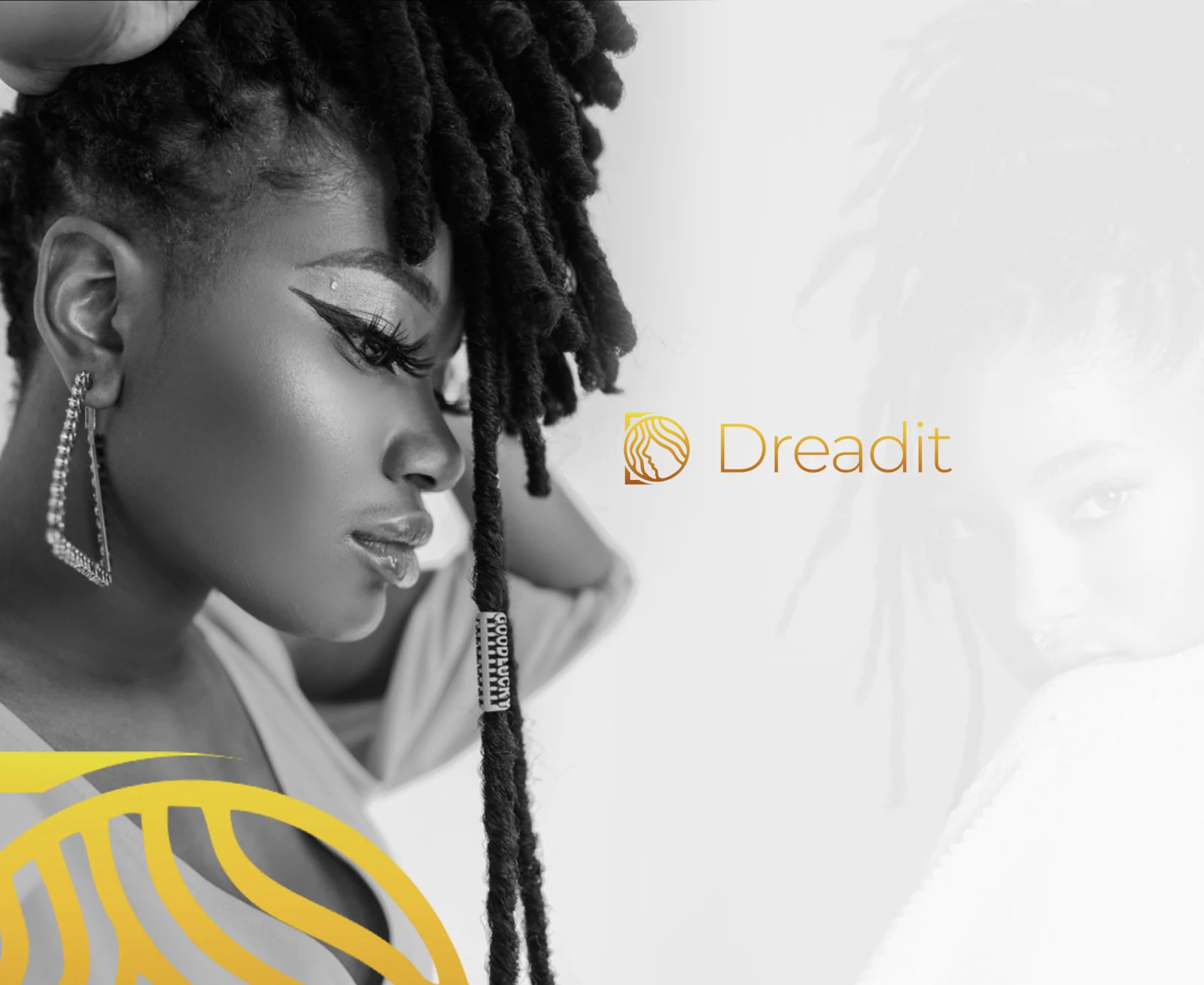 The gold Dreadit logo beside a black-and-white portrait of a woman with locs, a gold hair-wave mark in the corner