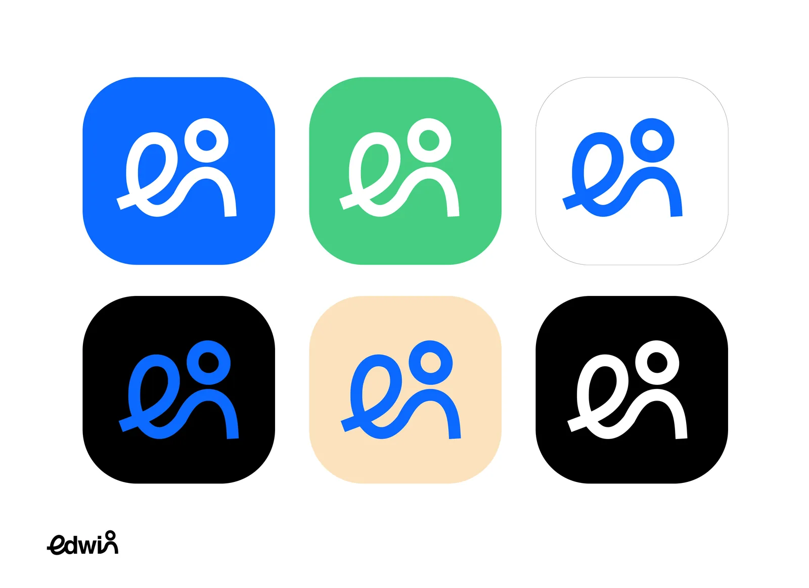 Six Edwin app icons pairing the e-and-figure mark with blue, green, white, black and cream