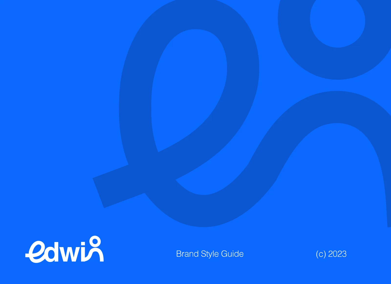 Edwin brand guide cover: white edwin script logo on bright blue with an oversized figure motif behind