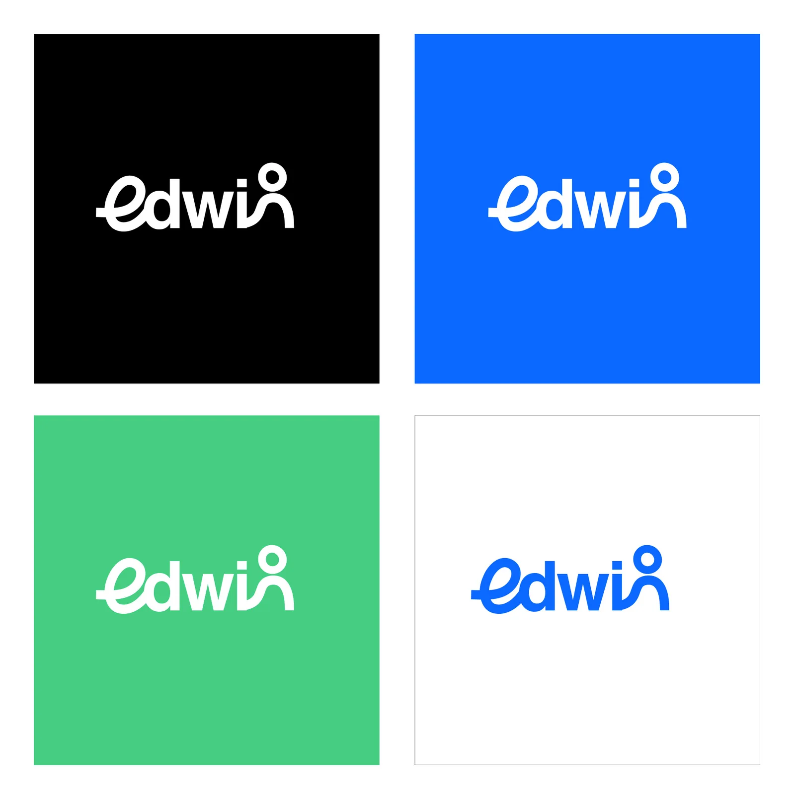 Edwin logo colourways: the script logo reversed on black, blue and green tiles and in blue on white