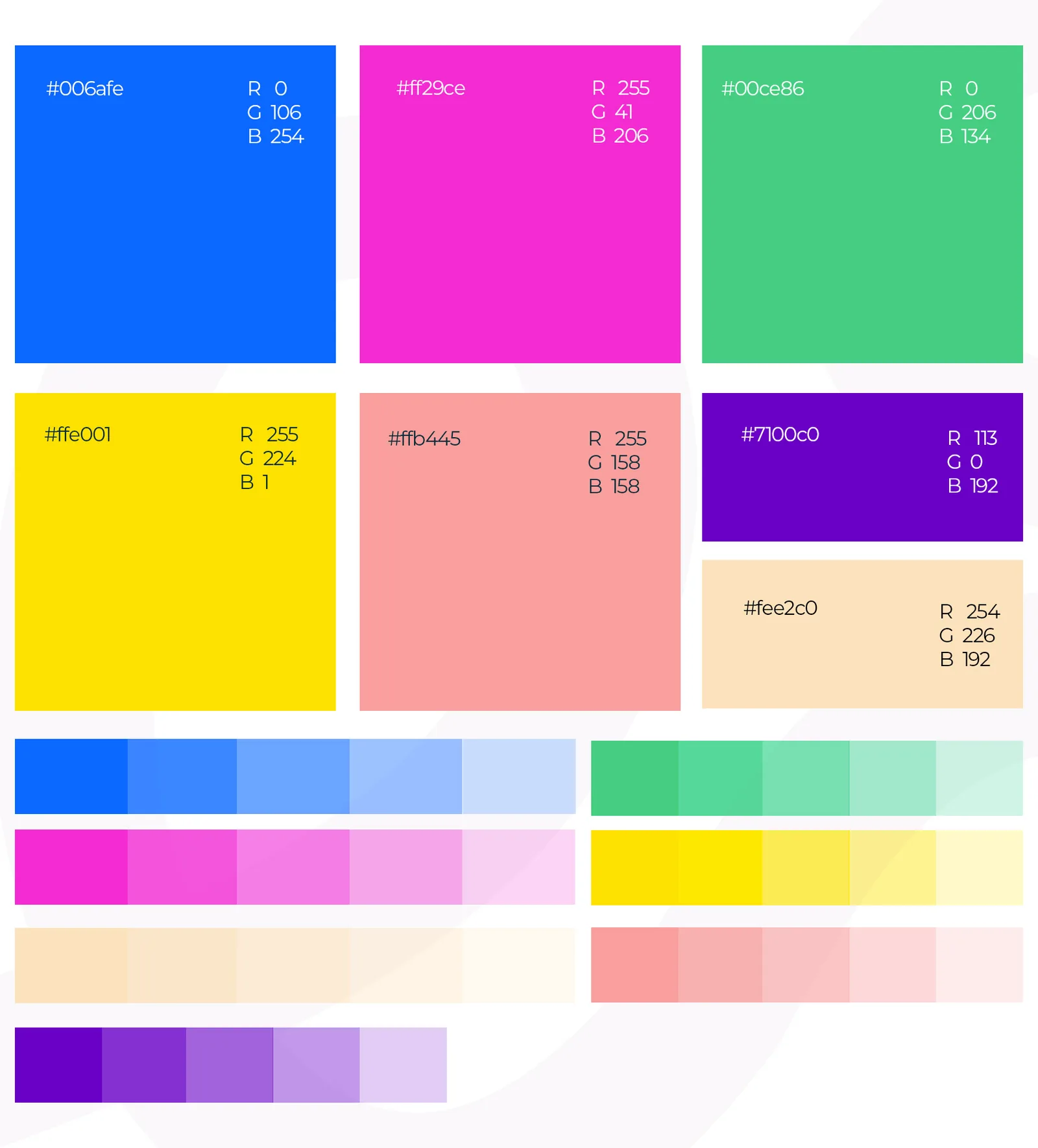 Edwin colour system: blue, magenta, green, yellow, salmon, purple and cream swatches with tint ramps