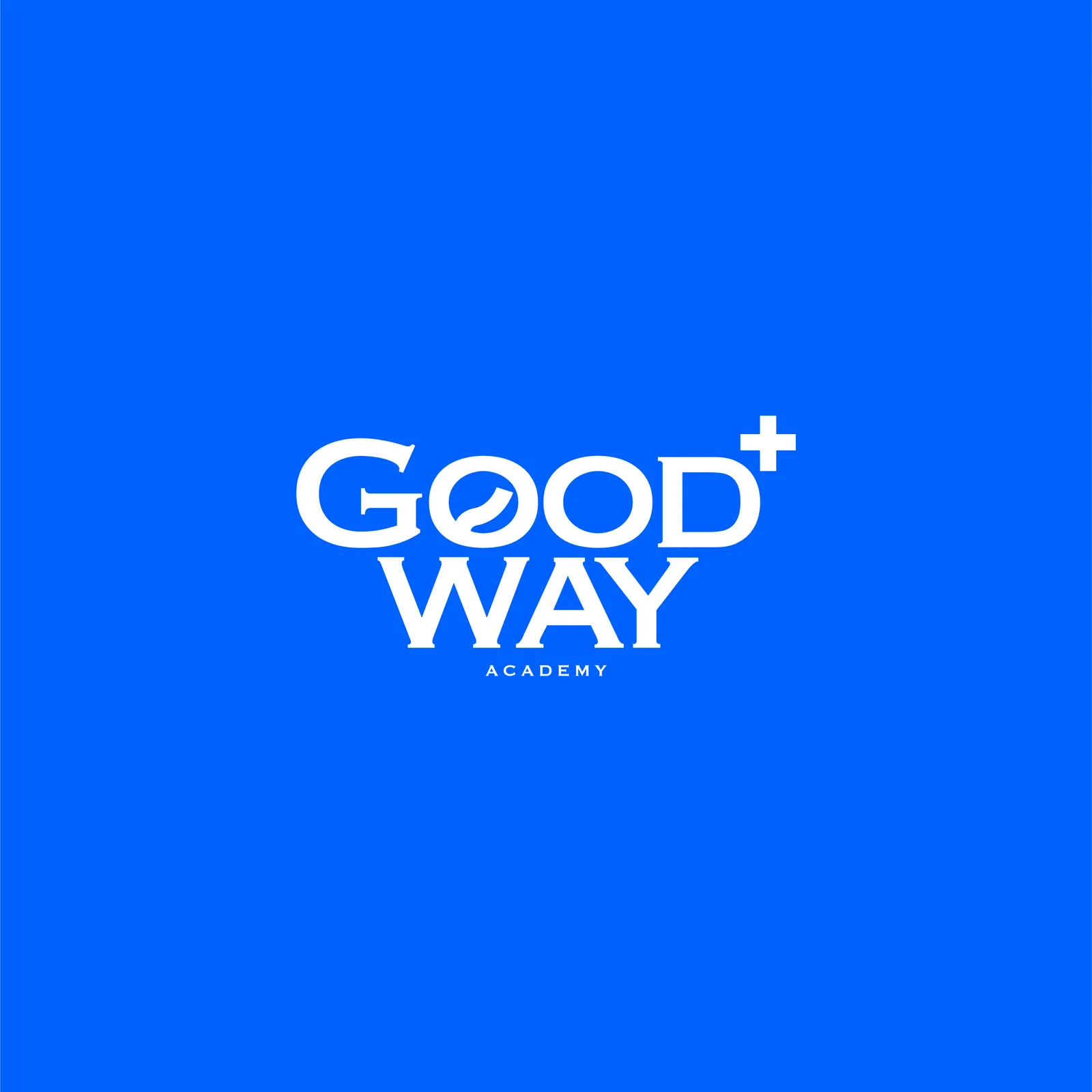 GoodWay+ Academy stacked wordmark in white on Blue Ribbon, with the O-path swoosh and the plus cross