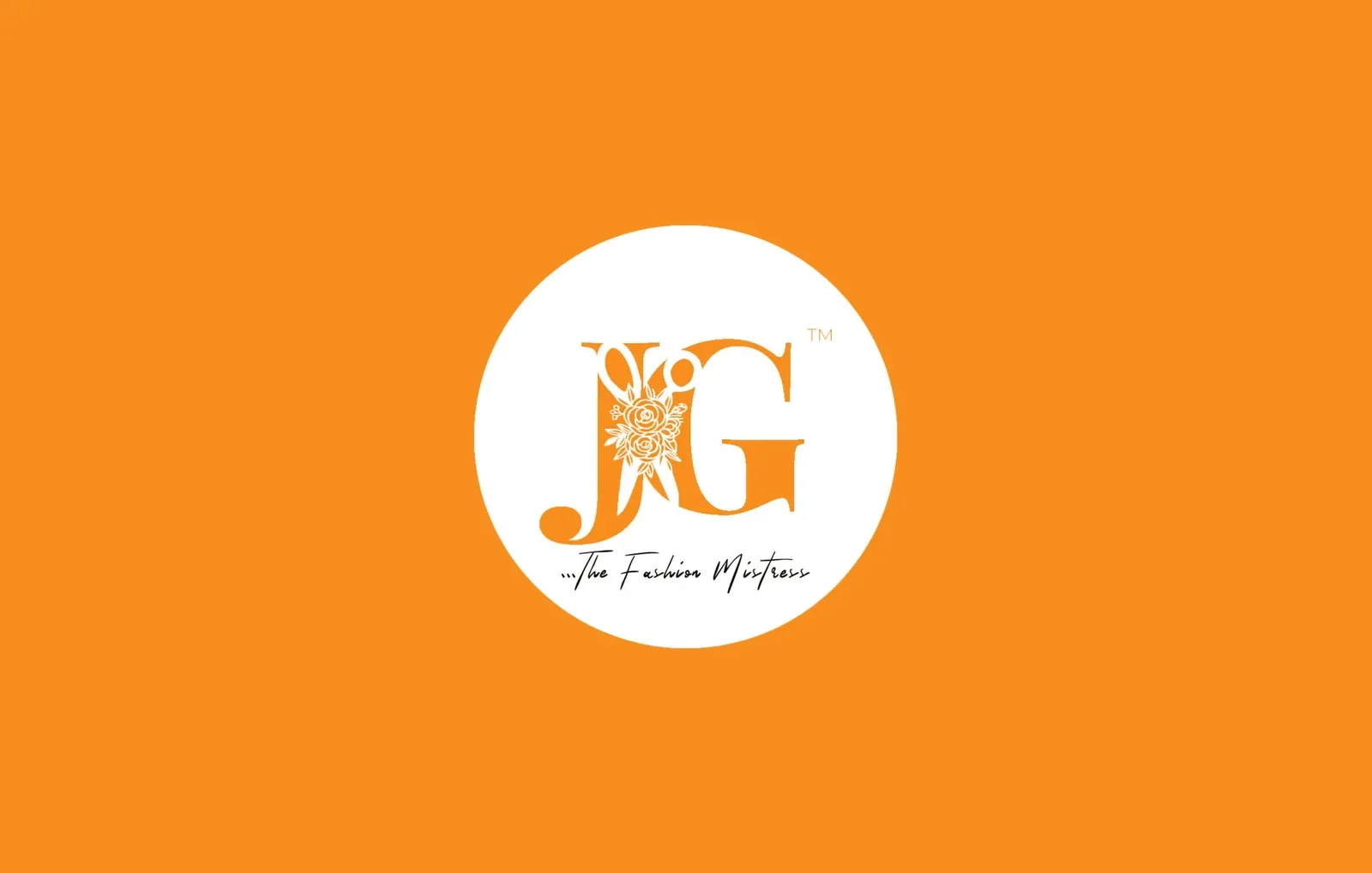 Jane G Fashion Empire brand guide cover: JG monogram with scissors and roses in a white circle on orange