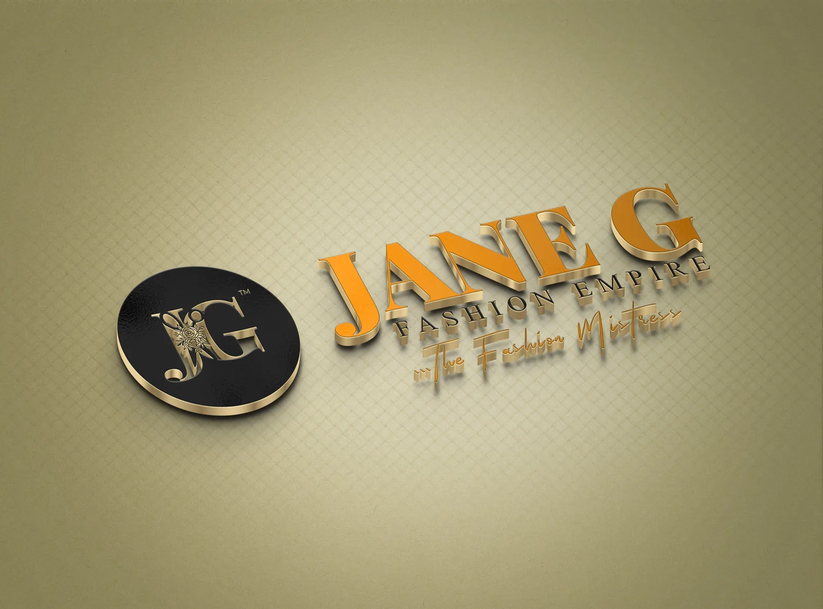 Gold JANE G lettering with a black-and-gold JG medallion on a textured cream surface