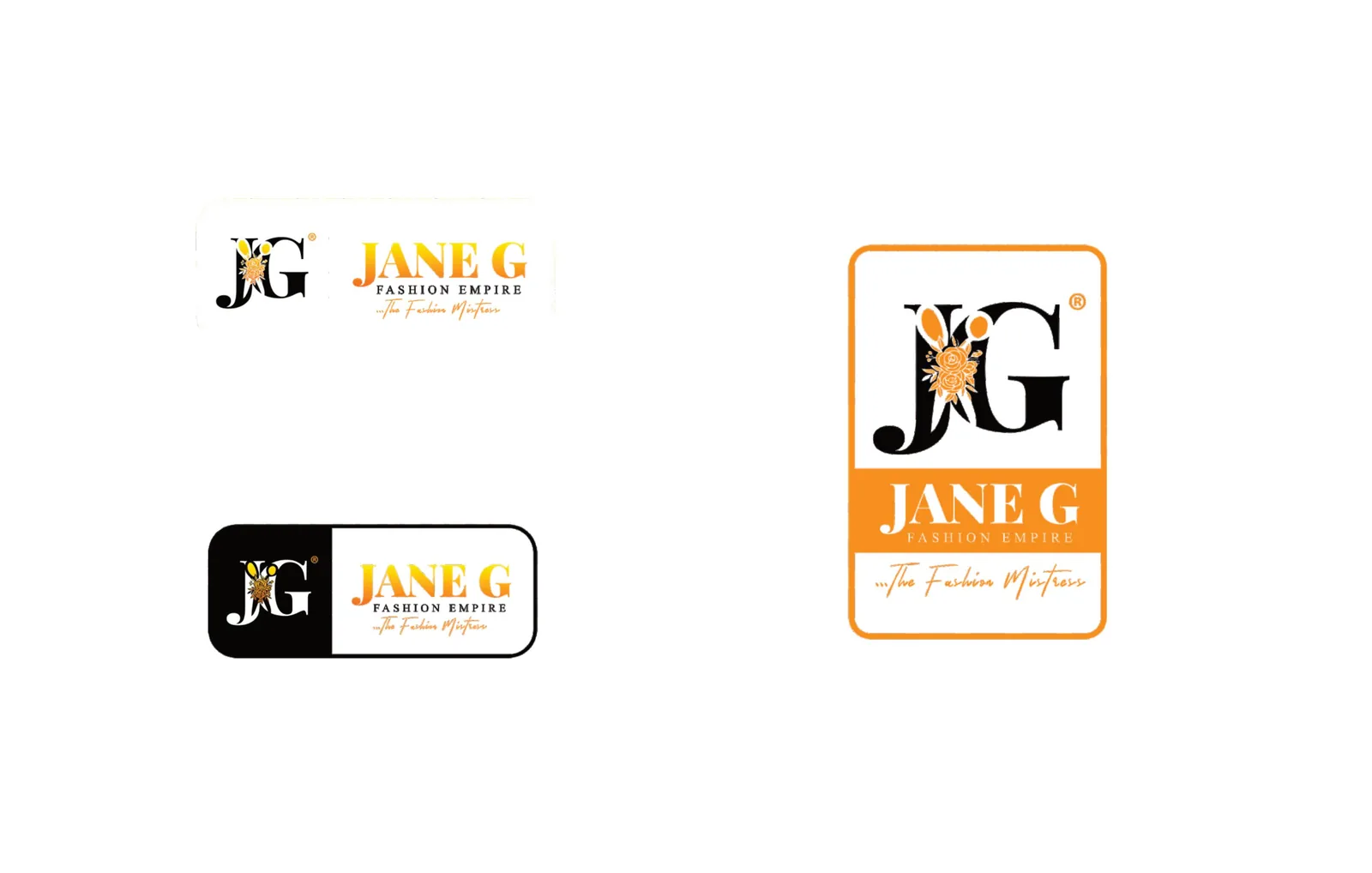 Logo lock-ups: JG monogram beside JANE G Fashion Empire, on white, in a black pill and in an orange frame