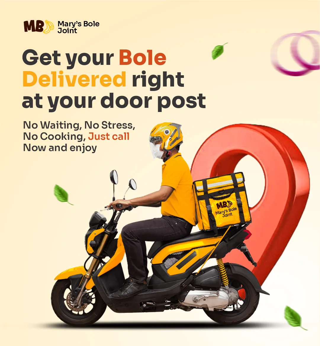 Delivery social ad: rider on a yellow scooter with a branded food box beside a red map pin