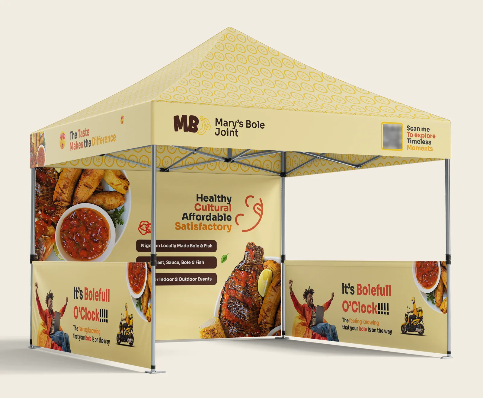 Branded market gazebo with plantain-slice canopy, logo valance and food-photo walls reading 'It's Bolefull O'Clock'