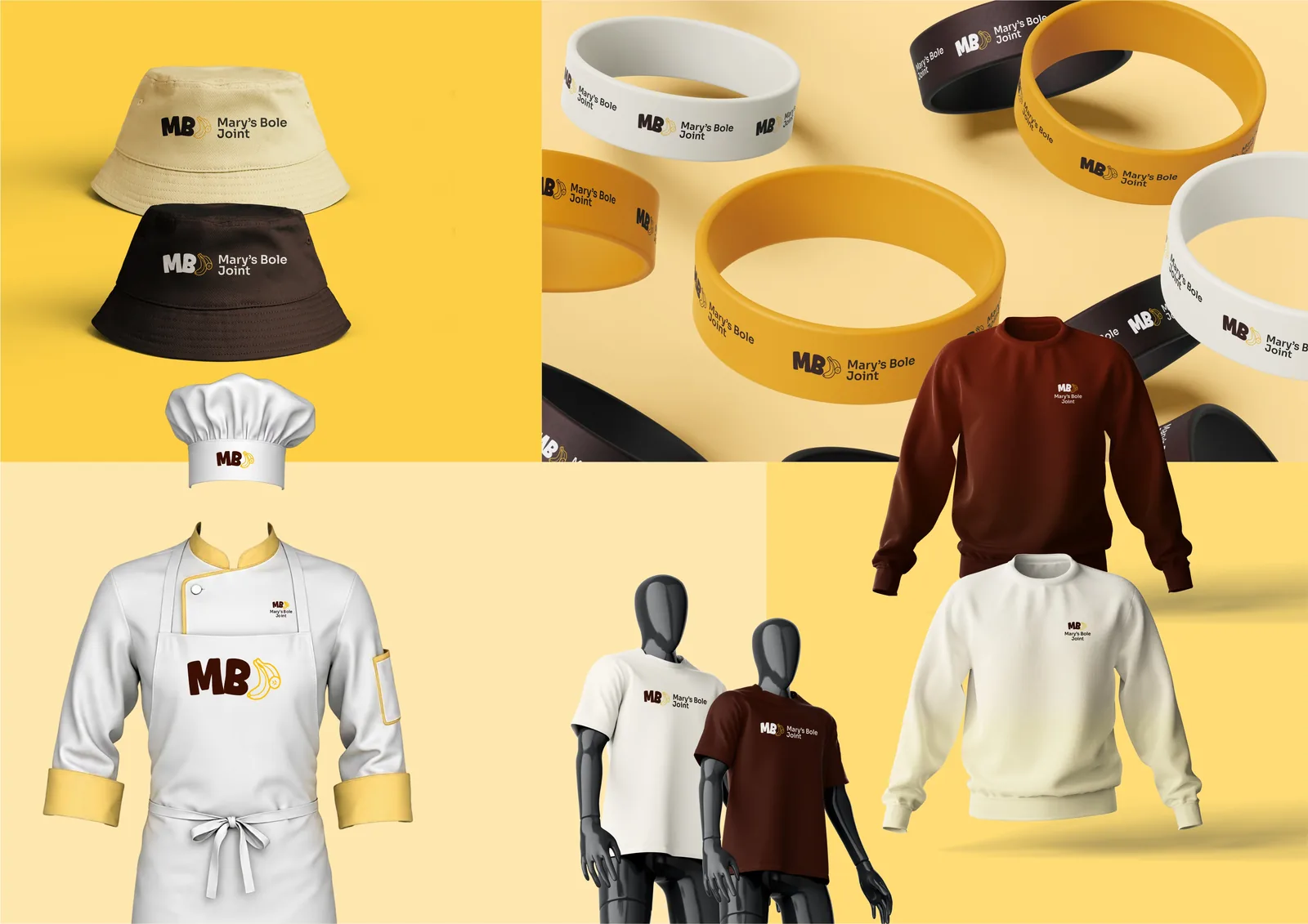 Merch range: bucket hats, chef jacket and hat, tees, sweaters and wristbands carrying the MB monogram