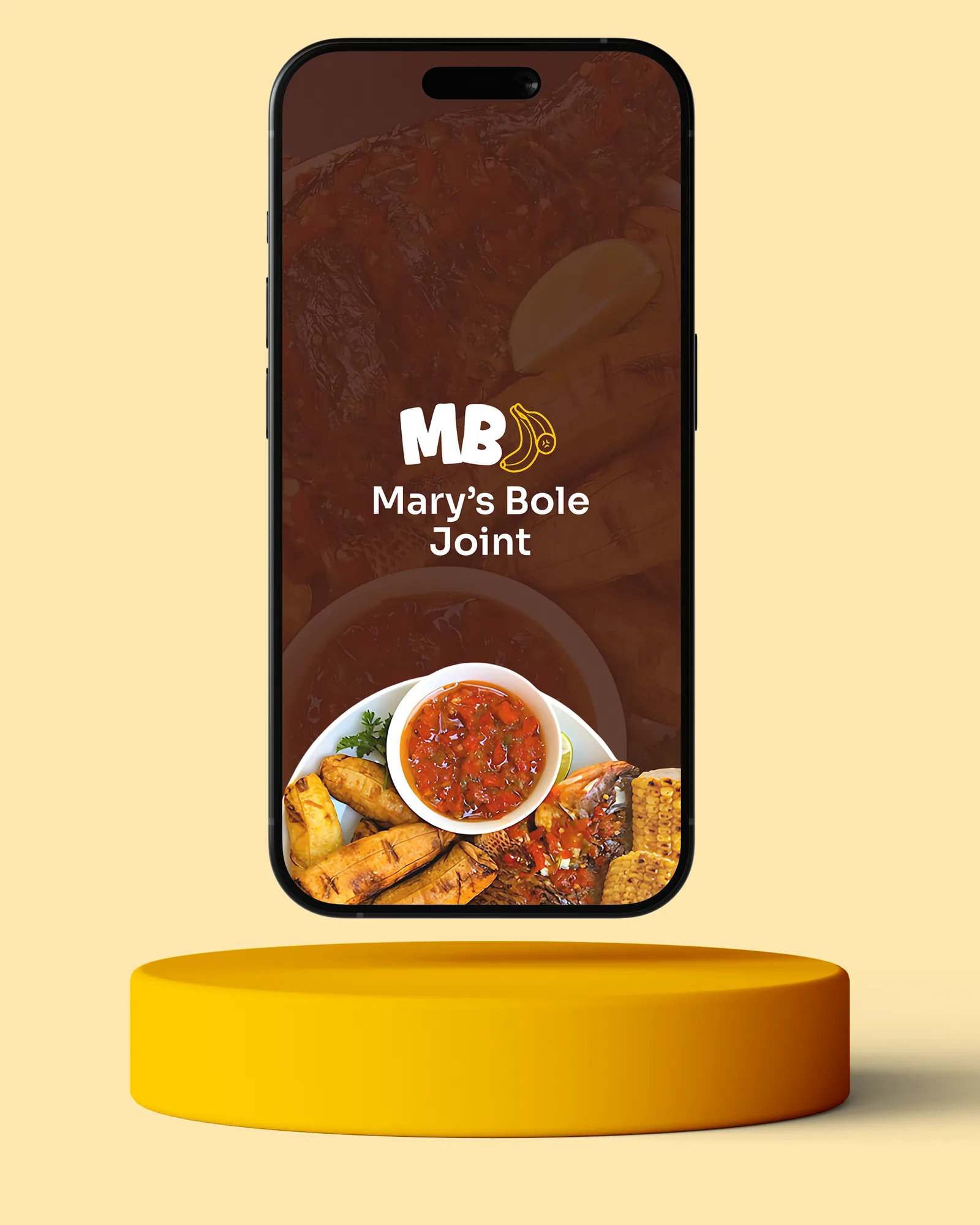 Phone splash screen with the white Mary's Bole Joint logo over roasted plantain and sauce, on a yellow plinth