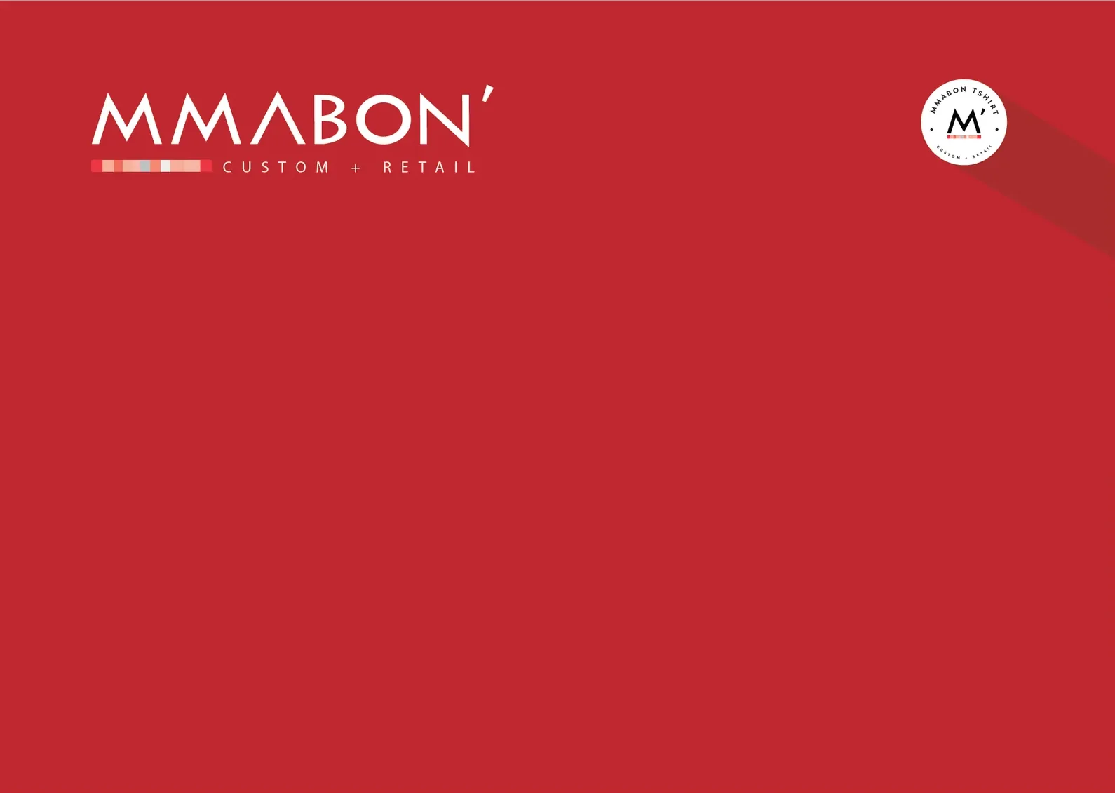Mmabon' Custom + Retail brand guidelines cover: white wordmark and round M' badge on red