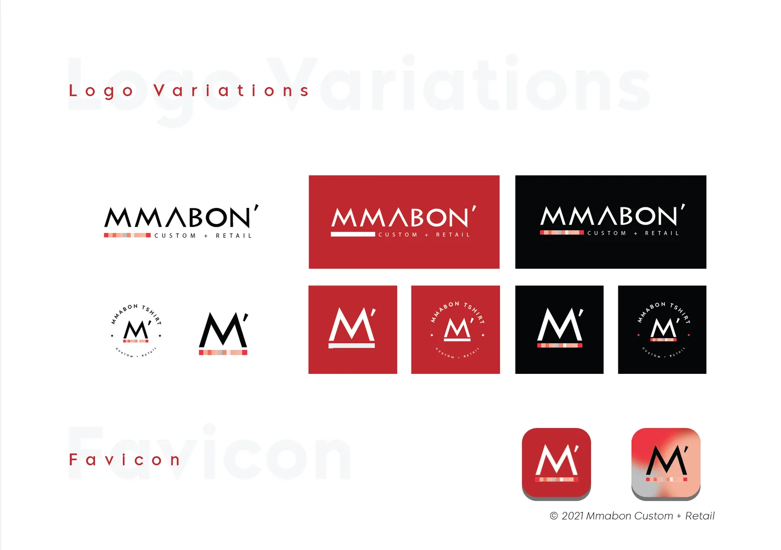 Logo variations: Mmabon' wordmark and M' monogram on white, red and black, plus two app-style favicons