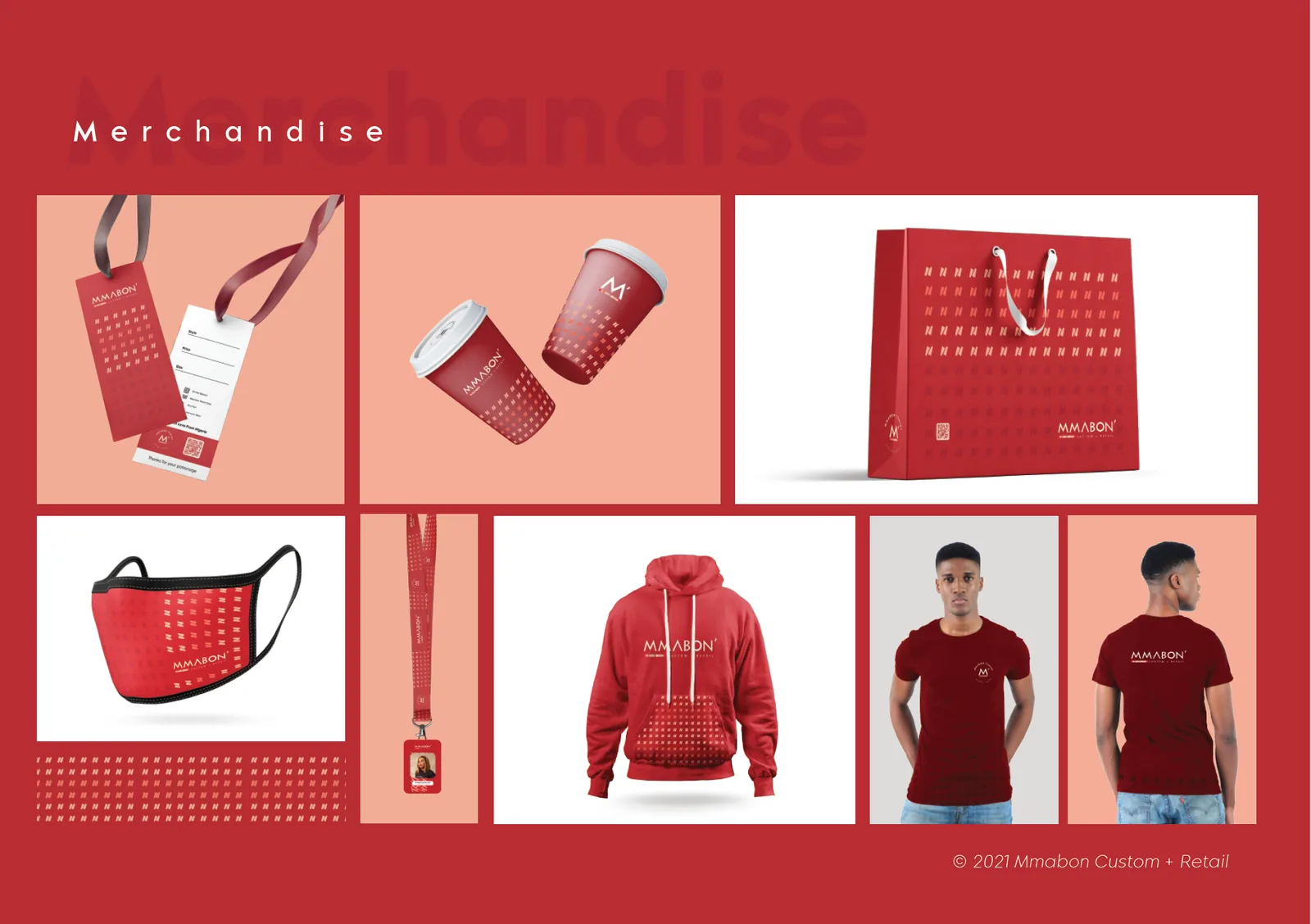 Merch on red and blush: swing tags, coffee cups, a gift bag, face mask, lanyard, hoodie and T-shirts