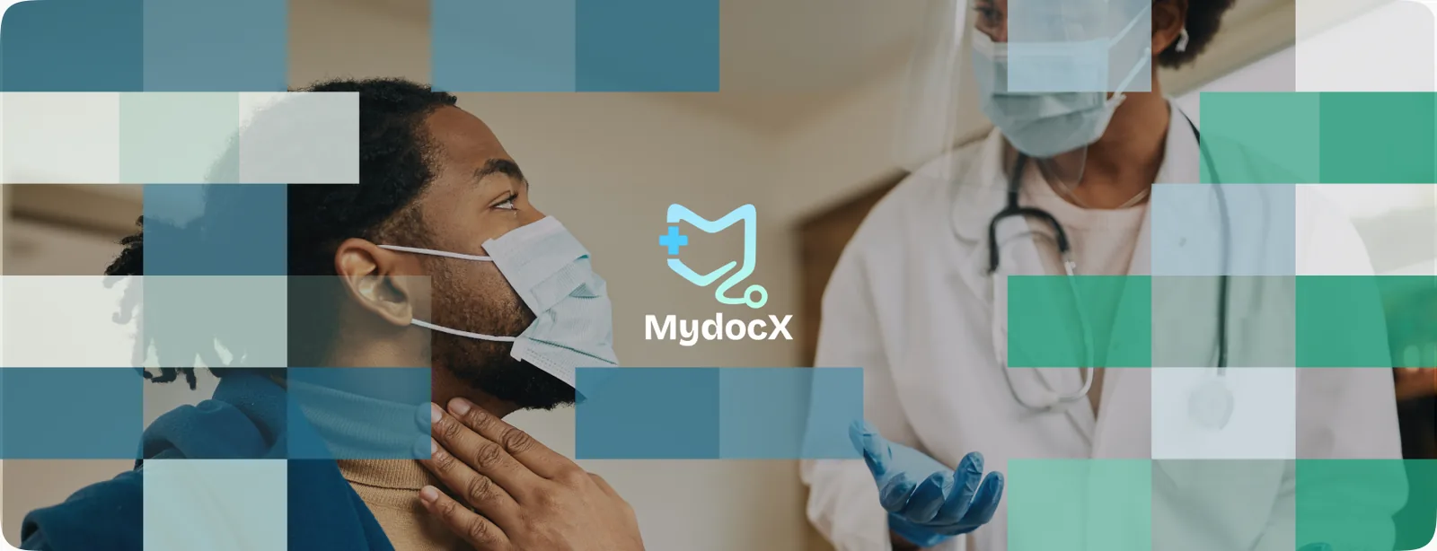 Mydocx shield-M logo over a consult photo broken into a teal-blue and teal-green pixel mosaic
