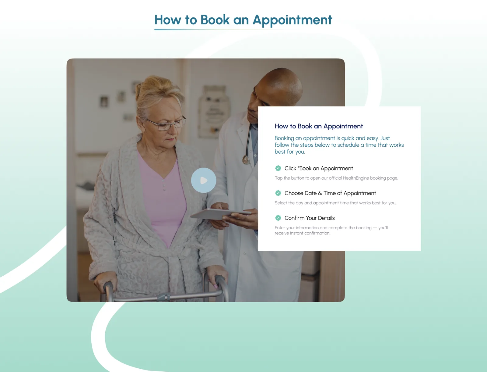 Mydocx 'How to Book an Appointment' section: video panel with a white three-step card on a mint gradient