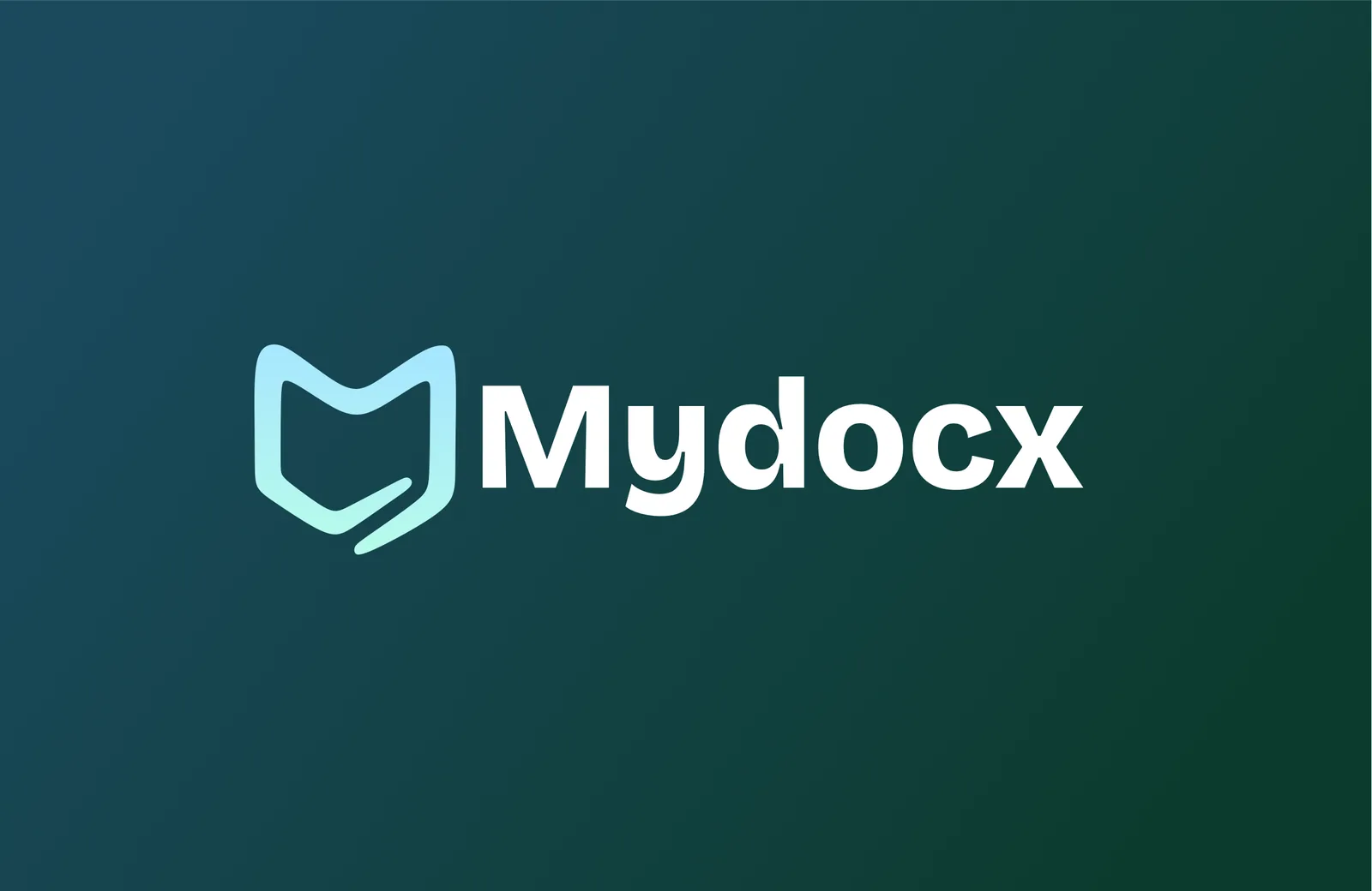 Mydocx business card front: pale gradient logo on a deep teal background