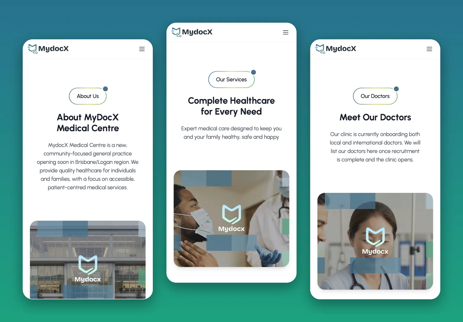 Three Mydocx mobile screens (About, Services, Doctors) on a teal gradient, each using the logo-and-mosaic photo treatment