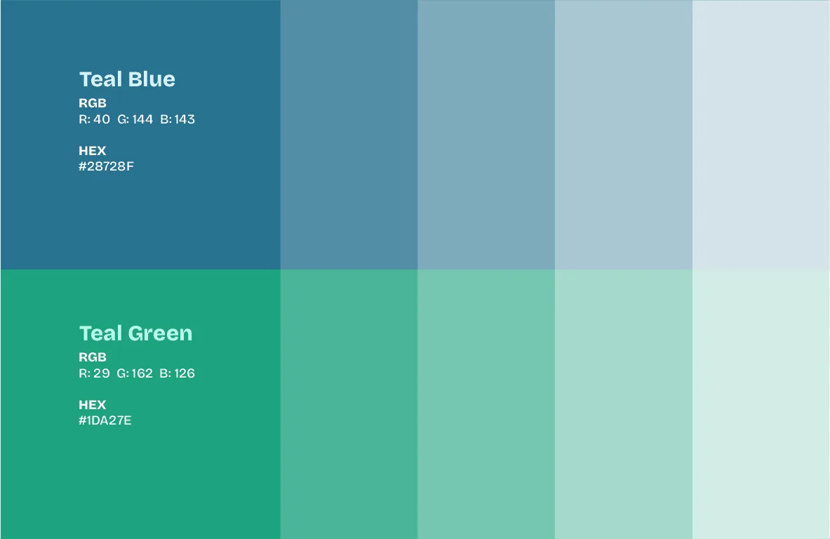 Mydocx colour palette: Teal Blue #28728F and Teal Green #1DA27E with four tints of each