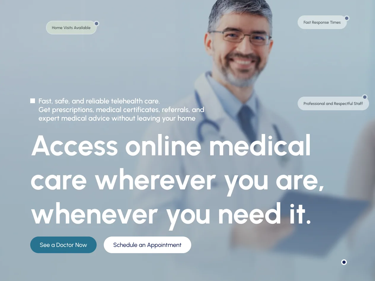Mydocx website hero: large white headline over a soft-focus doctor, with frosted glass trust chips and two pill buttons
