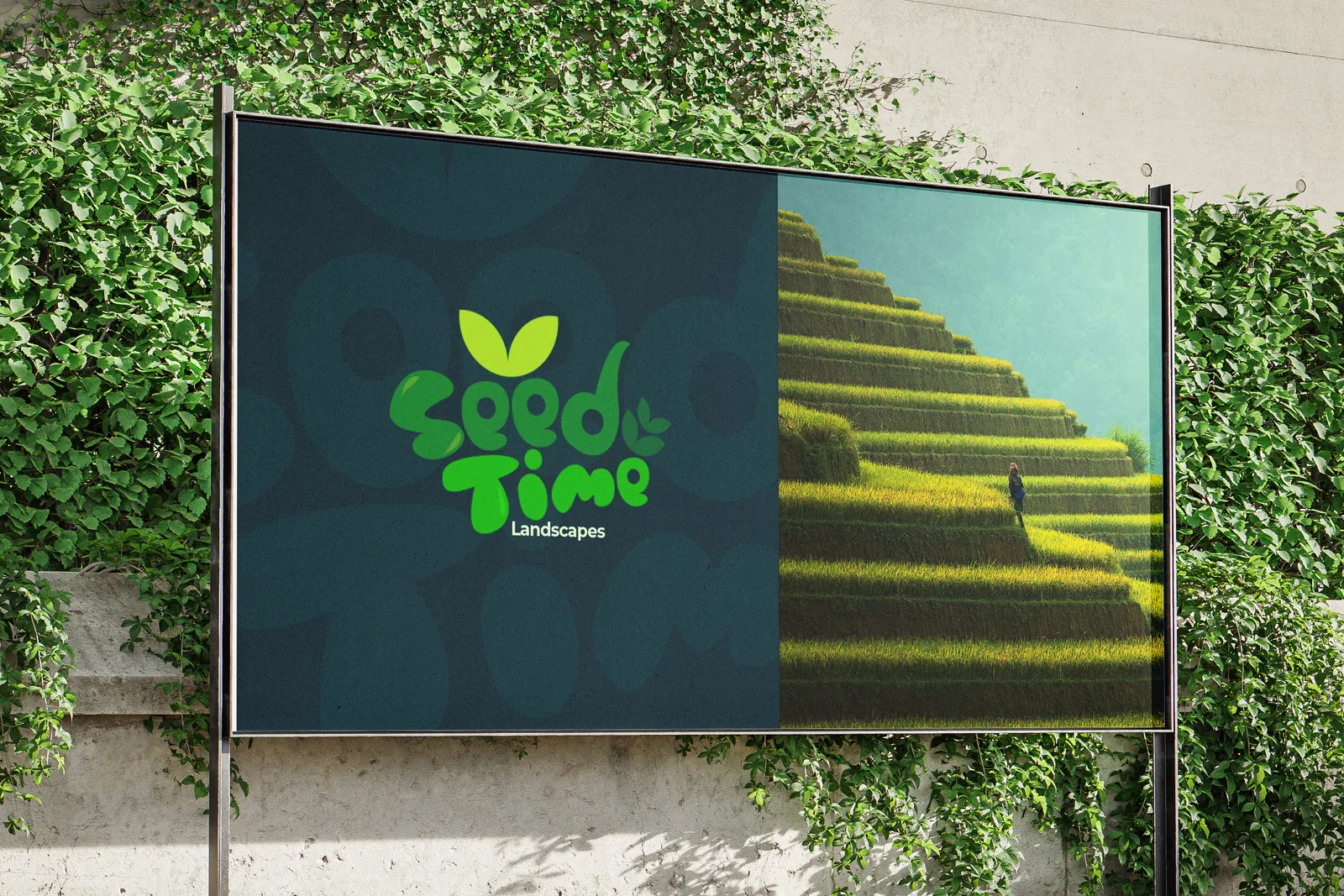 Roadside billboard in a wall of ivy: Seed Time logo on deep teal beside a terraced green hillside