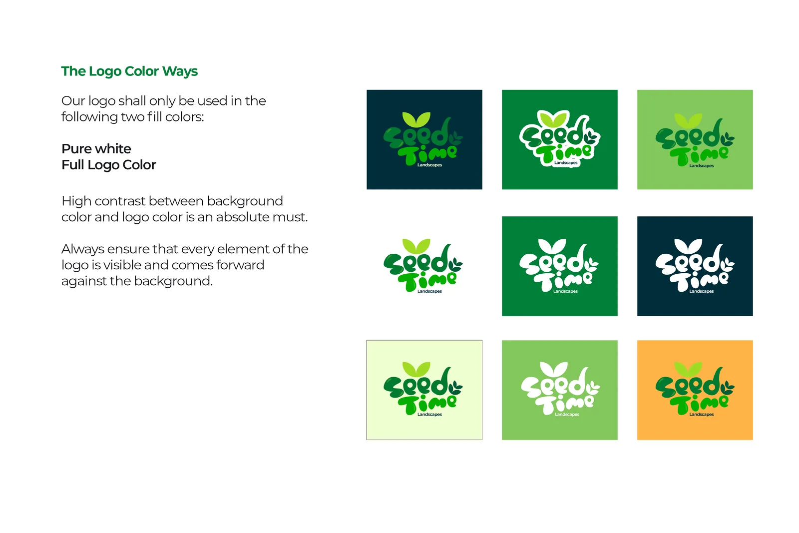 Logo colourways: the wordmark in white and full colour on navy, greens, lime and orange tiles