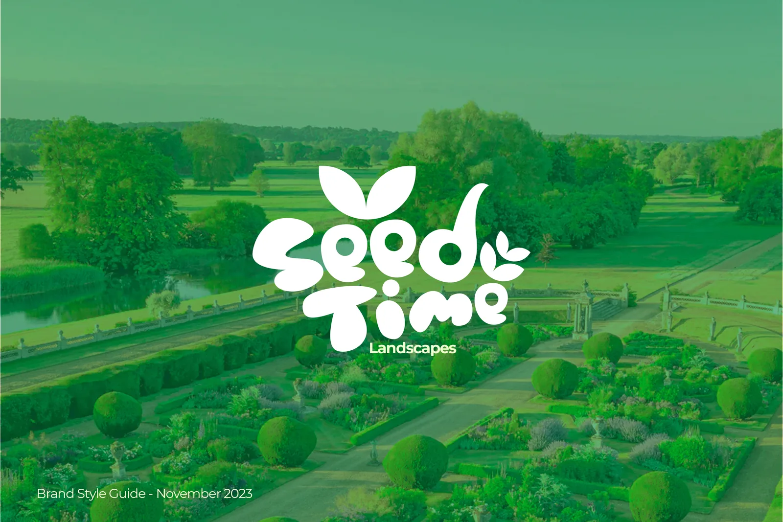 Seed Time Landscapes logo in white over an aerial view of clipped hedges and garden beds, washed in green