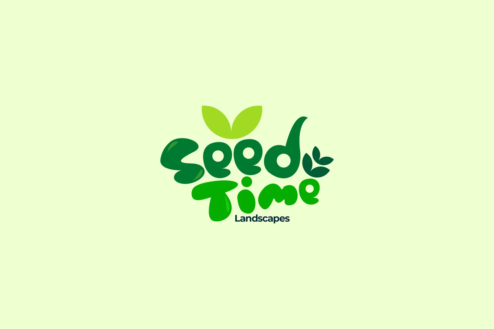 Seed Time Landscapes wordmark: rounded green letters with a two-leaf sprout, on pale lime