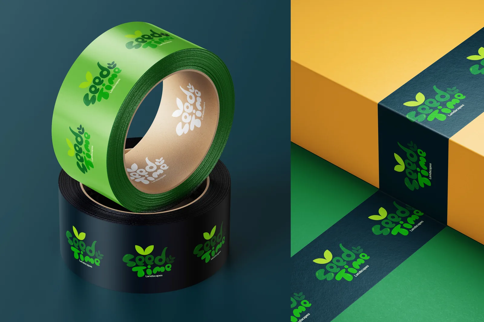 Green and deep-teal packing tape printed with the wordmark, wrapped round a box on orange and green