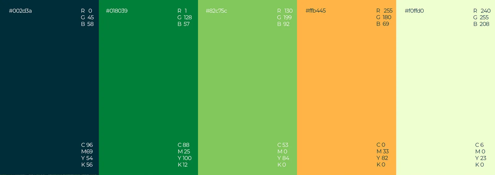 Palette: deep teal #002D3A, green #018039, leaf #82C75C, orange #FFB445 and lime #F0FFD0