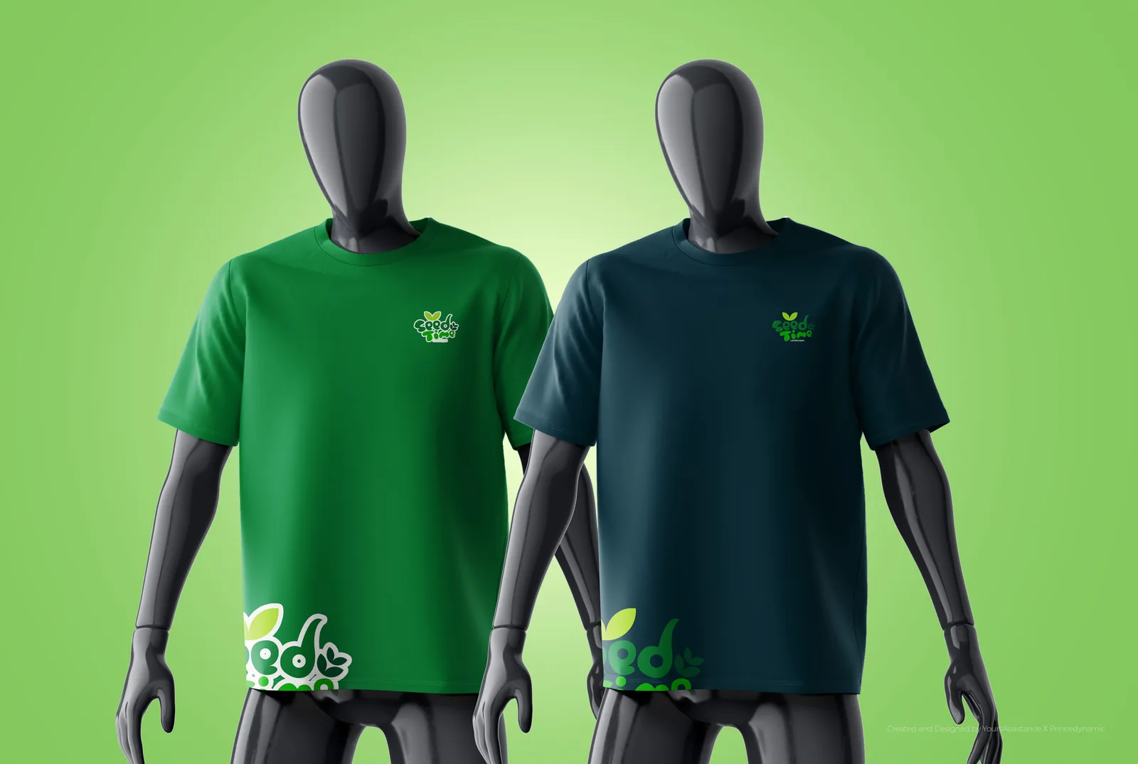 Green and deep-teal crew T-shirts with the Seed Time mark on the chest and the sprout on the hem