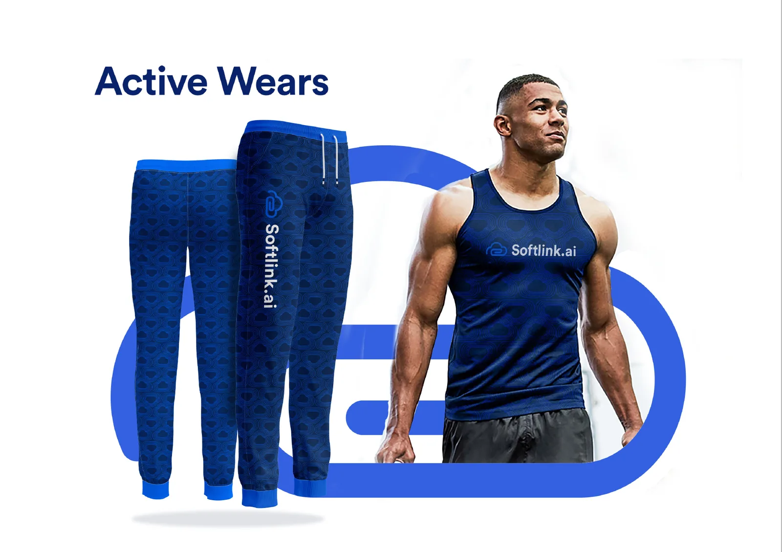Activewear: navy joggers with Softlink.ai down the leg and a vest on an athlete, framed by the cloud icon