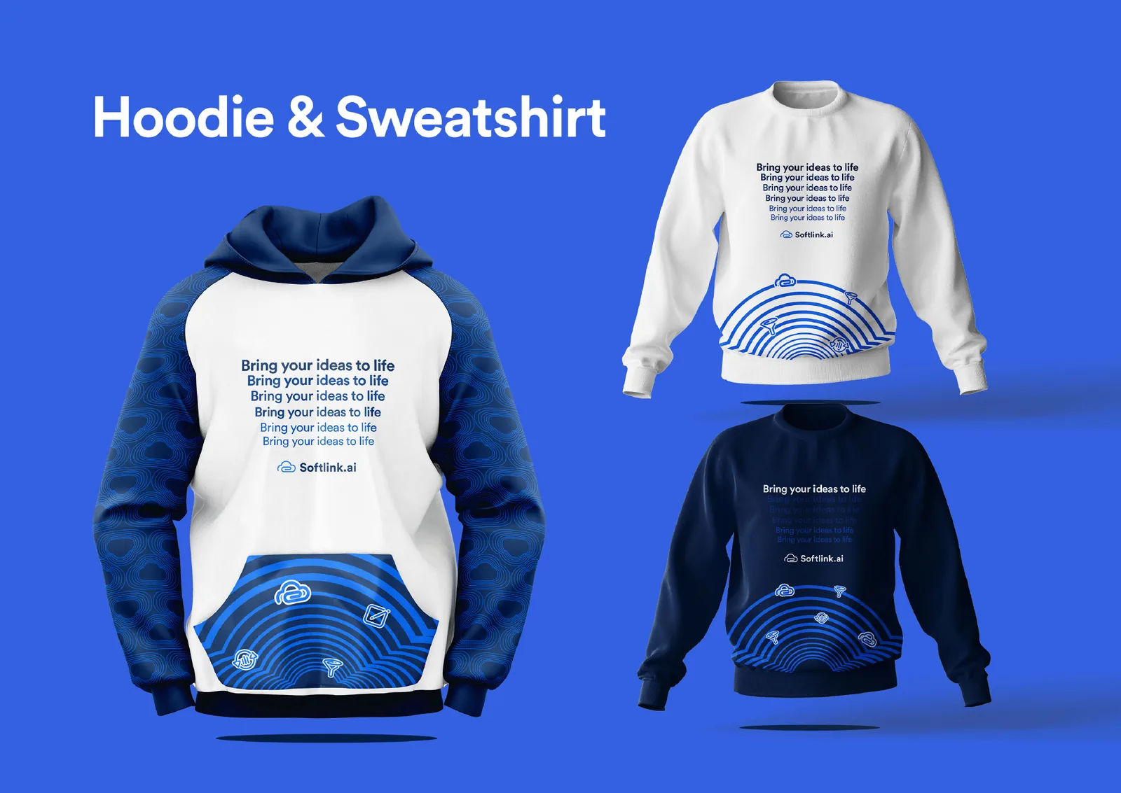 Navy-and-white Softlink.ai hoodie and two sweatshirts with wave-line prints and slogan stacks, on bright blue
