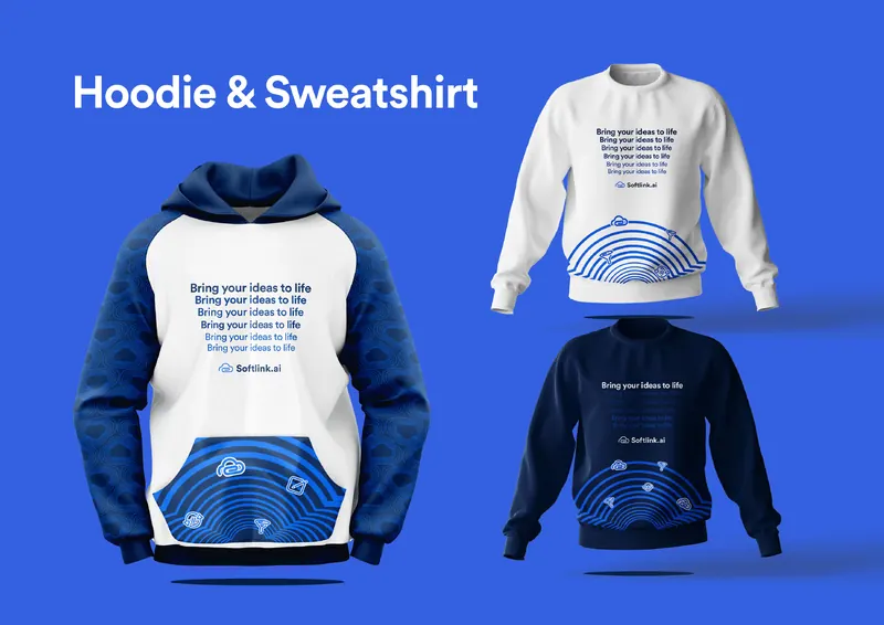 Navy-and-white Softlink.ai hoodie and two sweatshirts with wave-line prints and slogan stacks, on bright blue