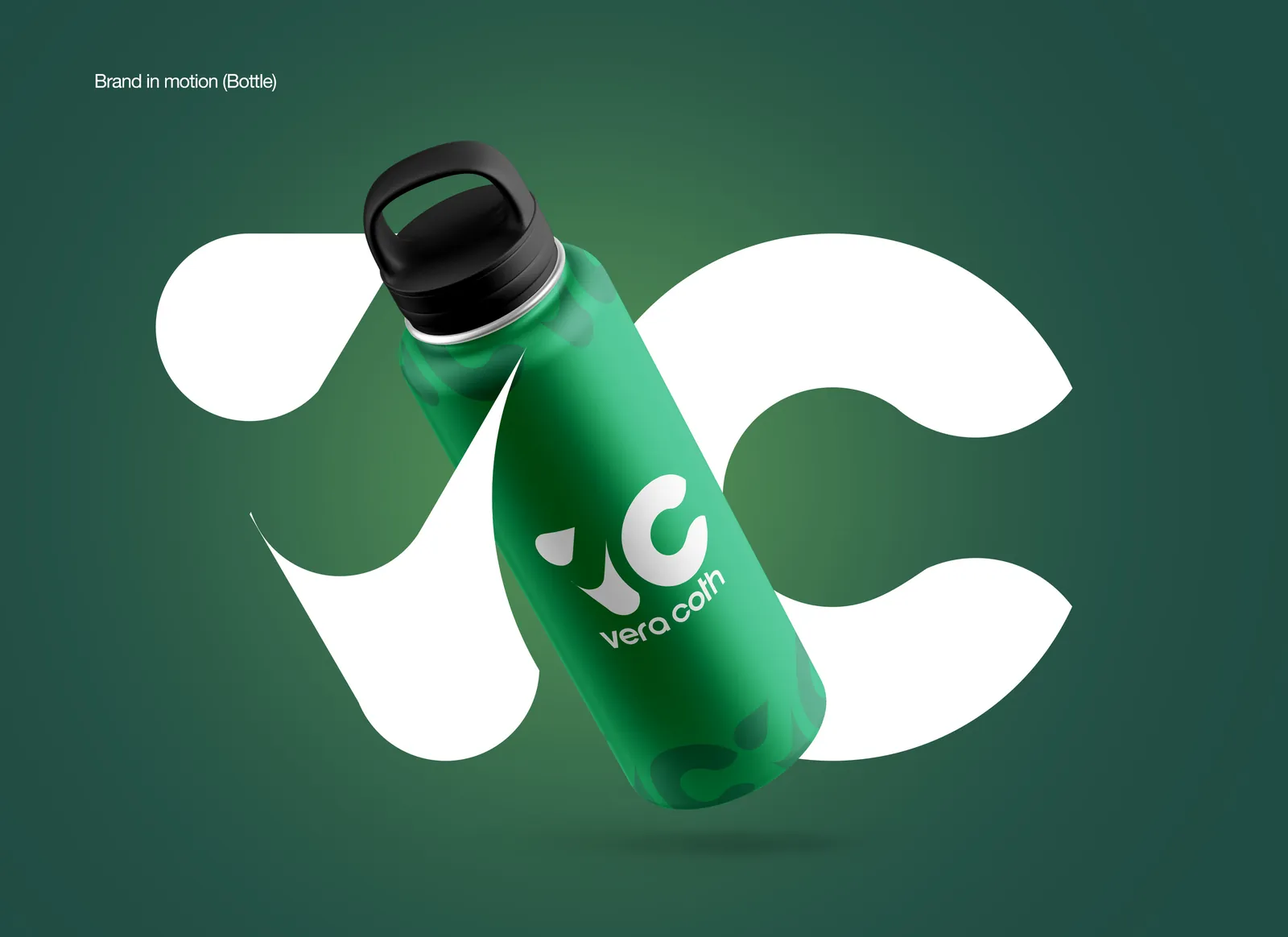 Green water bottle with the white Veracoth logo, in front of a giant white VC mark on deep green