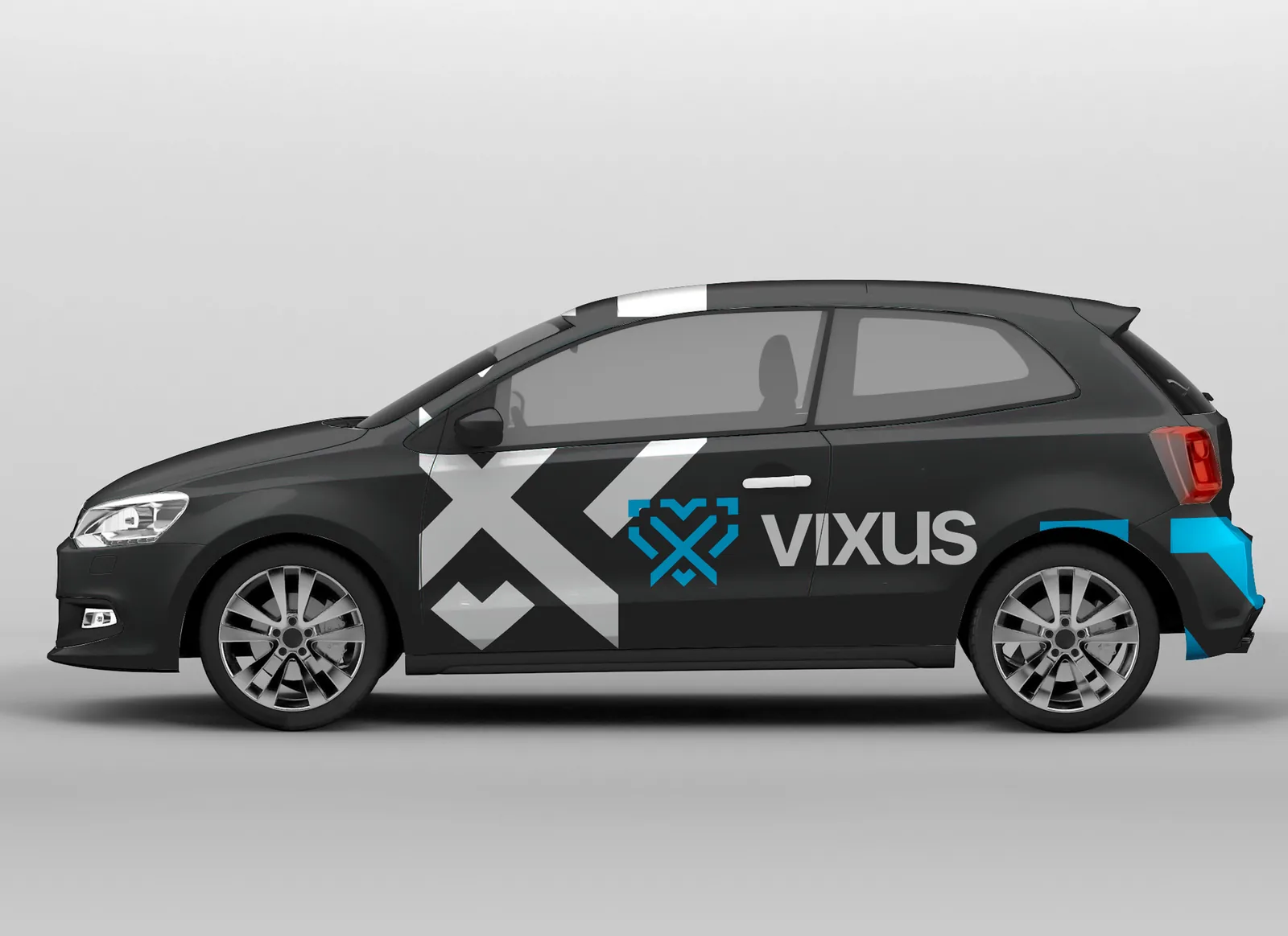 Black hatchback wrapped with an oversized white X-heart graphic, blue accents and the Vixus logo