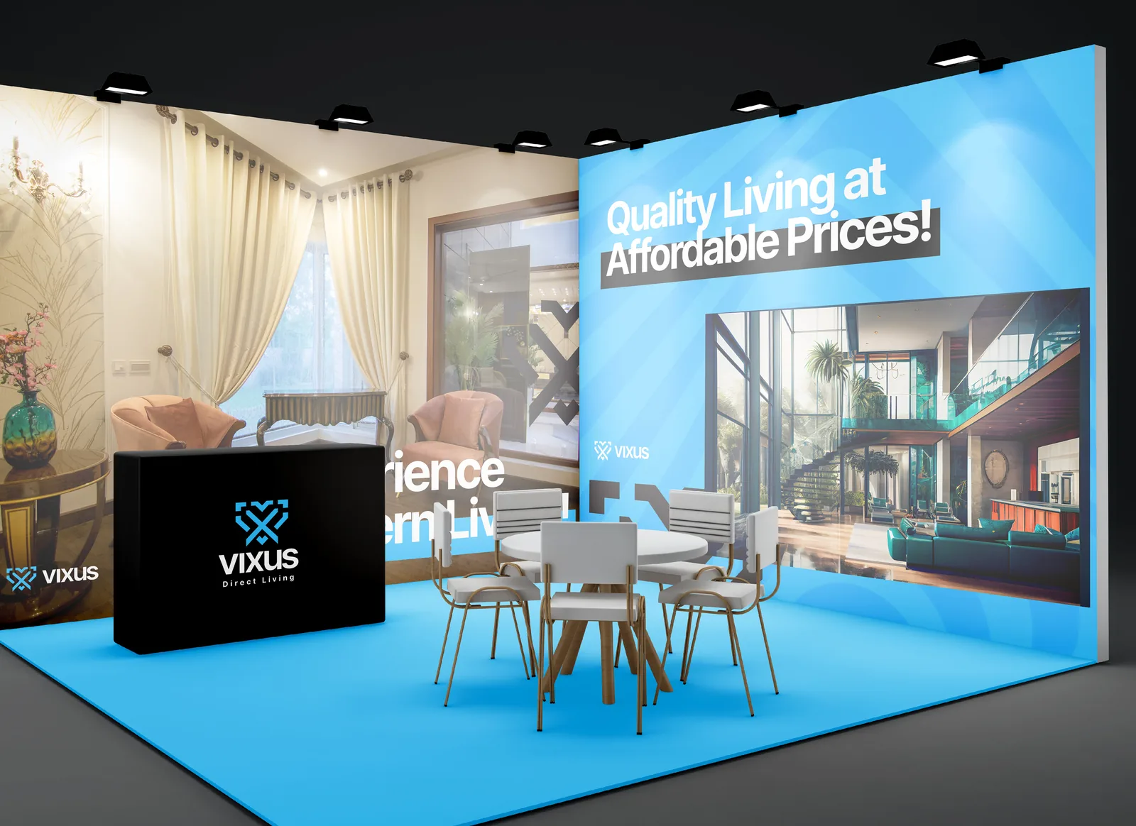Vixus exhibition stand: sky-blue floor and wall graphics, interior photography and a black logo counter